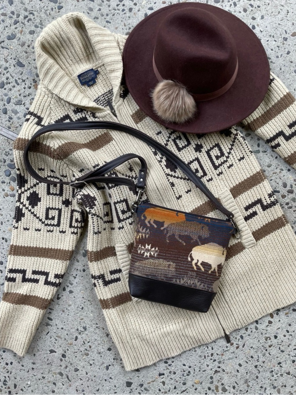 Mini Cross body Bag in Pendleton Wool + Leather, Land of the Buffalo-Tribal
